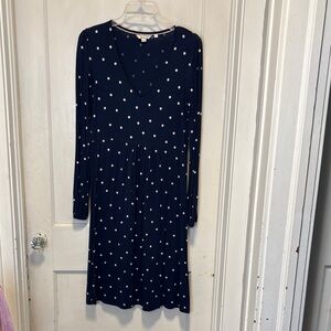 Boden White and Navy Polka Dot Long Sleeve V-neck Dress 8 Long